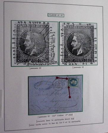 Album Safe bleu noir : planchage et variétés du 20c Empire lauré n°29 (+ timbres détachés) dont la Corne et les Abeilles + documentation
