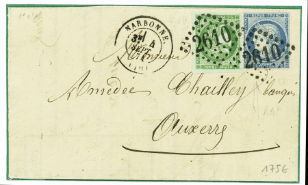N°42B + 37 obl GC 2610 + T17 Narbonne (4 sept 71) sur lettre pour Auxerre. Sup