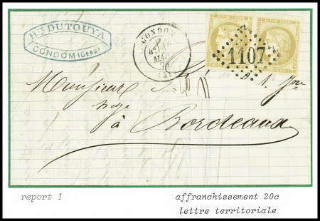 N°43B en paire obl GC 1107 + T17 "Condom (31)" (mars 1871) sur lettre pour Bordeaux, sup