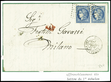 N°45 en paire obl GC 2145B + T17 "Lyon les Brotteaux" (27 janv 71) sur lettre pour Milan, sup