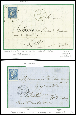 2 lettres : n°46 obl PC du GC 168 +  T17 "Armentières (57)" (7 avril 71) sur lettre pour Béthune et n°46 avec variété griffe blanche