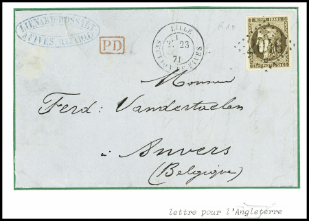 N°47, 30c brun foncé, obl GC 2046 + T17 "Lille section de Fives" (juin 1871) sur lettre pour Anvers (Belgique). Sup