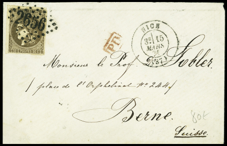 N°47, 30c brun foncé, obl GC 2656 + T17 "Nice (87)" (mars 1871) sur lettre pour Berne (Suisse). TB