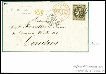N°47, 30c brun, obl GC 2145 + T17 "Lyon les terreaux" (29 mars 71) sur lettre pour Londres avec au recto CAD rouge "London EC Paid", sup, certificat Simart