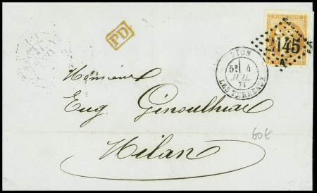N°48, 40c orange, obl GC 2145A + T17 "Lyon les Terreaux" ((4 juil 71) sur lettre pour Milan, sup