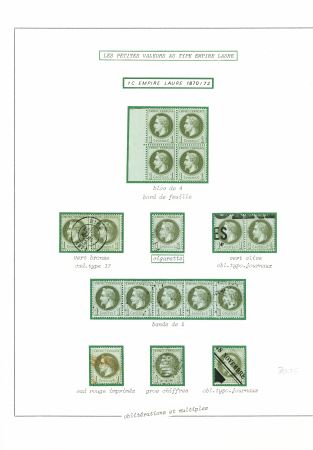 N°25, 1c olive, 17 pièces sur feuilles d'album dont un bloc de 4 neuf et 1 exemplaire obl avec variété "à la cigarette" (certificat Robineau)