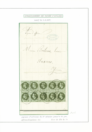 N°25, bloc de 10 obl T17 "Gap (4)" (1871) sur papier d'affaires du 9e échelon juqu'à 45grs, sup