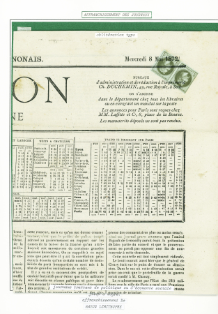 N°25 en paire obl typo sur journal "L'Union de l'Yonne" (1872), sup