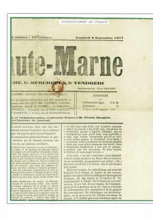 N°26 obl typo sur journal "La Haute-Marne" (Langres 8 sept 1871). TB