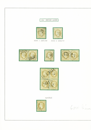 N°28, 10c bistre, bel ensemble de 11 timbres détachés et 21 lettres (bureaux de distribution, avis de réception, imprimés, bloc de 4 sur lettre, etc