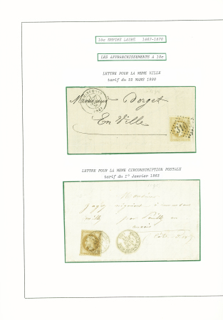 N°28, 10c bistre, bel ensemble de 11 timbres détachés et 21 lettres (bureaux de distribution, avis de réception, imprimés, bloc de 4 sur lettre, etc