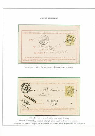 N°28, 10c bistre, bel ensemble de 11 timbres détachés et 21 lettres (bureaux de distribution, avis de réception, imprimés, bloc de 4 sur lettre, etc