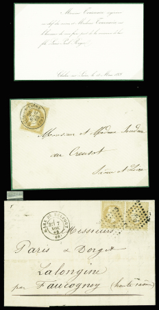 N°28, 10c bistre, bel ensemble de 11 timbres détachés et 21 lettres (bureaux de distribution, avis de réception, imprimés, bloc de 4 sur lettre, etc