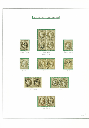 N°30, 30c brun, 16 pièces sélectionnées sur une page d'exposition dont 1 bloc de 4 et 4 paires, sup