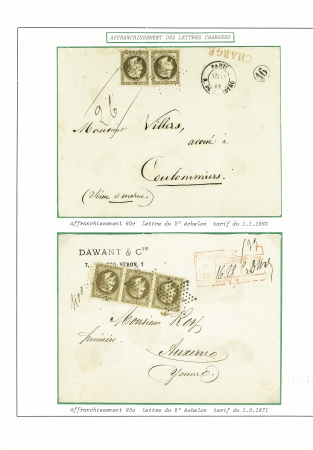 2 lettres chargées du 2ème échelon; n°30 en paire obl étoile 16 + CAD Paris R. de Palestro (1866) et n°30 en bande de 3 obl étoile muette