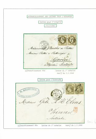 Destinations : n°30 en paire obl GC 1726 + T15 "Guebwiller (66)" (1867) sur lettre pour Gorice (Illyrie, Autriche) et n°30 en paire obl étoile 4 + CAD
