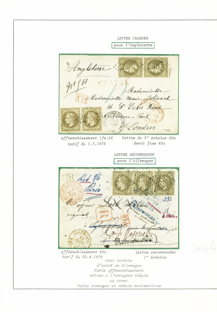 2 lettres : n°30, 2 paires, obl GC 2687 + T16 Notre Dame de Liesse (1872) sur lettre chargée pour Londres et n°30, bande de 3 obl étoile muette sur lettre
