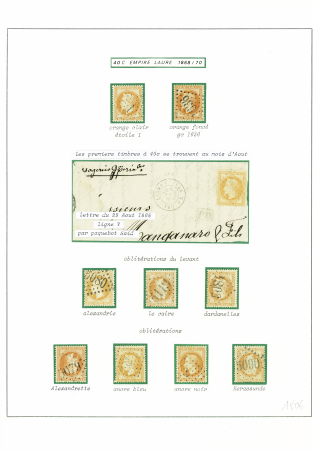 N°31, 40c orange, 9 timbres dont 5 avec GC du Levant dont GC 5090 bleu de Kerassunde et n°31 obl ancre + CAD rond "Ligne V PAQ. FR. N°1" (1868)