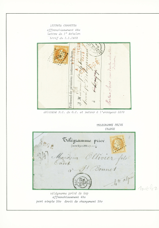 2 lettres : n°31 obl PC du GC 3379 + T17 "Sens-s-Yonne (83)" (1869) sur pli chargé de tribunal sous bande et n°31 obl GC 1622 + T17 Gap (1870) sur télégramme