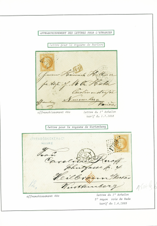 6 destinations AFF n°31, 40c orange : n°31 obl étoile 12 + CAD "Paris Bt Beaumarchais" (1869) pour Nuremberg (Baviere). N°31 obl GC 1769 + T17 Le Havre