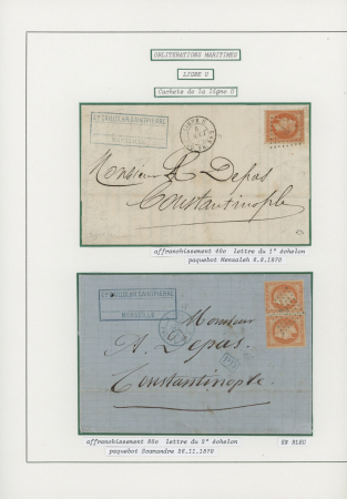 3 lettres : n°28 + 31 obl GC 3804 + T16 "St Peray (6)" (1869) sur lettre pour Civita Vecchia (Etats romains. N°31 obl ancre noire + CAD rond noir