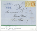 3 lettres : n°28 + 31 obl GC 3804 + T16 "St Peray (6)" (1869) sur lettre pour Civita Vecchia (Etats romains. N°31 obl ancre noire + CAD rond noir