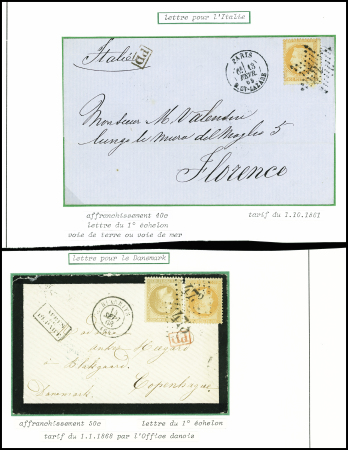 Destinations : 4 lettres : n°28 + 31 obl GC 473 + T15 Biarrits (1868) sur env de deuil pour Copenhague (Danemark). N°31 obl étoile 2 + CAD