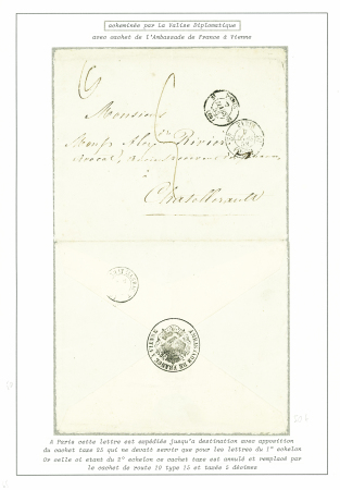 Lettre acheminée par valise diplomatique d'Autriche pour Châtellerault avec au verso cachet noir avec armoiries "Ambassade de France à Vienne" + CAD