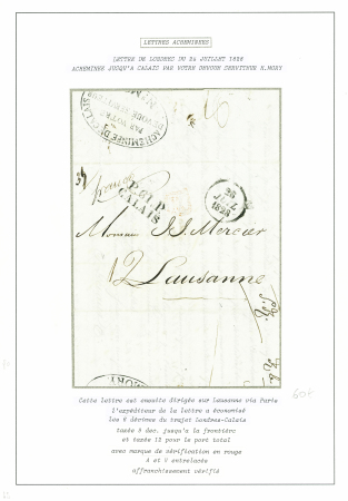 Lettre de Lourdes pour Lausanne avec MP "P 61 P Calais" + dateur "A" (1828) et au verso cachet ovale noir "acheminée de Calais par votre dévoué N. Mory"