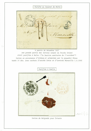 2 lettres : lettre d'Athènes pour Marseille avec cachet rond "purifié au Lazaret Malte" (1837) et lettre de Belgrade pour Trieste purifiée à Semlin