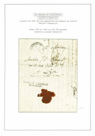 Lettre avec T12 Marseille (1835) + taxe manuscrite 6, entailles de purification et MP "purifié Lazaret Marseille", sup