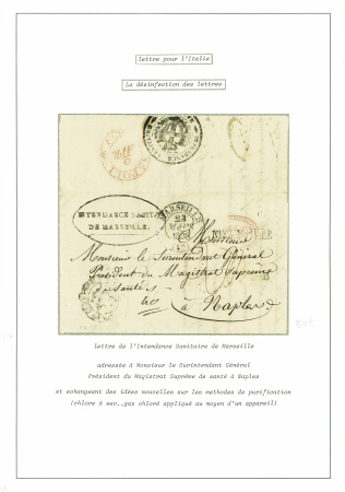 Lettre avec T13 Marseille (1838) + cachet ovale noir "Intendance sanitaire de Marseille" adressée au magistrat suprême de santé à Naples, sup