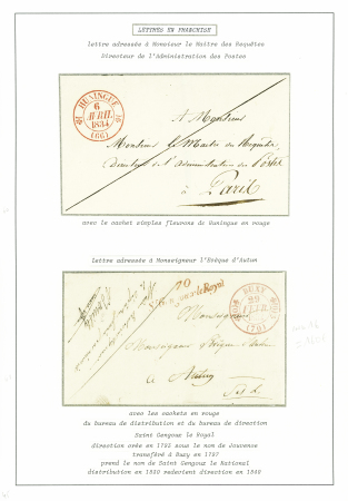 Lettre avec T12 "Huningue (66)" (1834) adressée au directeur de l'Administration des Postes à Paris et lettre avec T11 rouge "Buxy (70)" (1832)