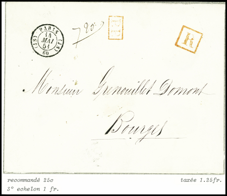 Lettre recommandée avec T15 "(JS) Paris (JS) 60" (1851) + "PP" et "R" encadrés rouges, sup