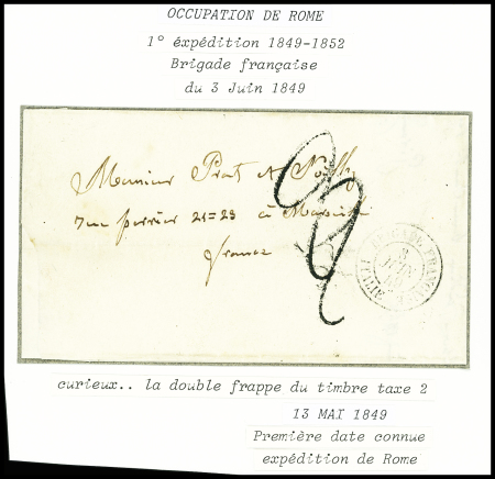 Lettre avec CAD "Brigade française Italie" (3 juin 49) + taxe 2 tampon façon manuscrite (1ère date connue). TB