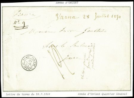 Lettre de Varna (Bulgarie) avec T15 "Armée d'Orient QUARTr  Gal" (1854) + taxe 12 manuscrite, sup
