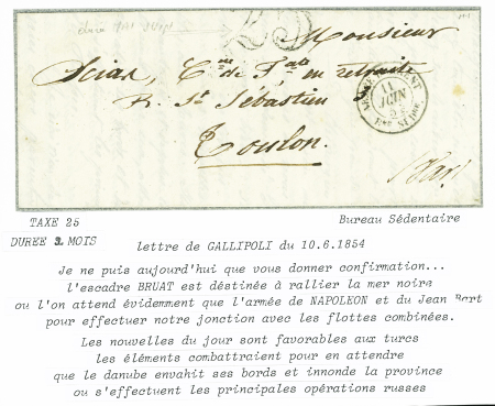 Lettre de Gallipoli avec T15 "Armée d'Orient Bau SEDre" (1854) + taxe 25 double-trait. TB
