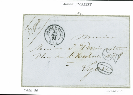 Lettre avec T15 "Armée d'Orient Bau B" (1853) + taxe 30 double-trait, sup