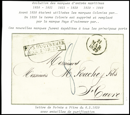 Lettre de Pointe à Pitre pour Le Havre avec marque encadrée "Pays d'Outremer par l'Orient" + dateur "A" (1829), Salles n°102, ind 19, sup