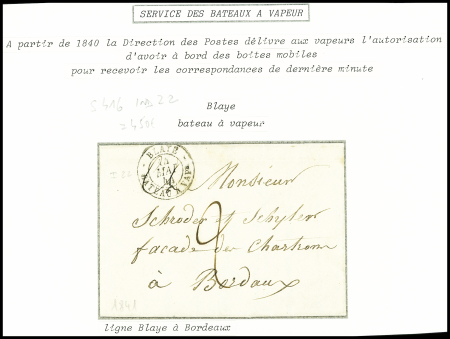 Lettre pour Bordeaux avec T15 "Blaye bateau à VAPr" (1844) + taxe 2 manuscrite, Salles n°416, ind 22. TB