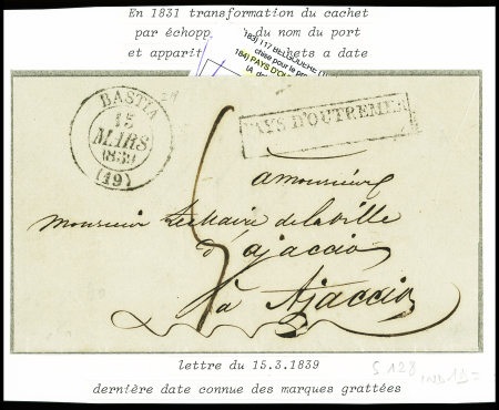 Lettre avec T13 "Bastia (19)" (15 mars 1839) + marque encadrée grattée "Pays d'Outremer" pour Ajaccio (Salles n°128), ind 19, sup