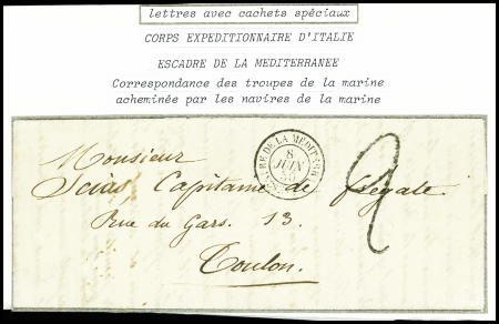 Lettre en provenance du navire Friedland en baie de Naples avec CAD "Escadre de la Méditerranée" (8 juin 1850) + taxe 2 tampon façon manuscrite. TB