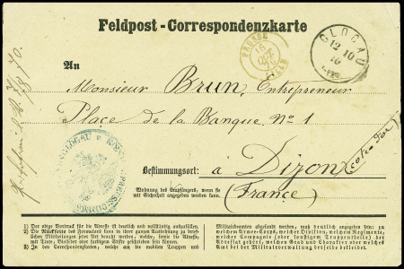 Feldpost - Correspondenzkarte avec CAD "Glogau" (12.10.70) pour Dijon avec au recto CAD d'entrée "Prusse Lille" (16.10.70). TB