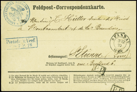 Feldpost - Correspondenzkarte avec CAD "Spandau" (3.12.70) + cachet bleu avec aigle "Kriegsgefangenen kommando Spandau" + "PP" encadré pour Saint Etienne