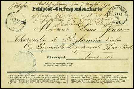 Feldpost - Correspondenzkarte avec CAD "Schweidnitz" (11.11.70) pour Bergheim (Haut-Rhin). TB