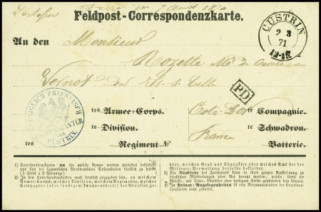 Feldpost - Correspondenzkarte avec CAD "Custrin" (7.3.71) pour Is-sur-Tille (Cote d'Or) avec CAD d'arrivée T17 (14.3.71). TB