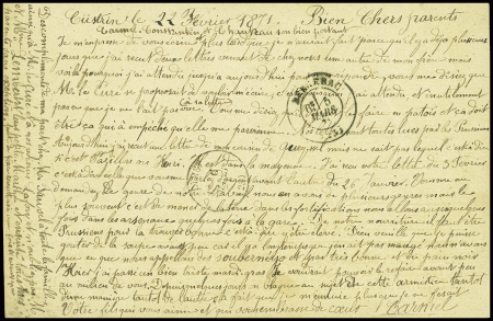 Feldpost - Correspondenzkarte avec CAD "Custrin" (23.2.71) + cachet bleu avec aigle "Koeniglich preussisch commandantur von Custrin" pour Eymet (Dordogne)