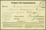 Feldpost - Correspondenzkarte avec CAD "Custrin" (23.2.71) + cachet bleu avec aigle "Koeniglich preussisch commandantur von Custrin" pour Eymet (Dordogne)