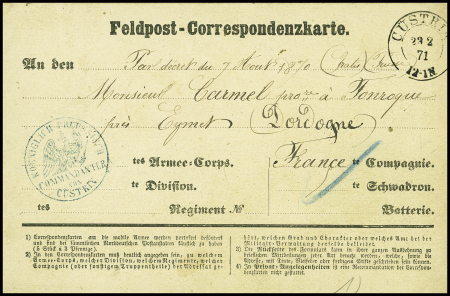 Feldpost - Correspondenzkarte avec CAD "Custrin" (23.2.71) + cachet bleu avec aigle "Koeniglich preussisch commandantur von Custrin" pour Eymet (Dordogne)