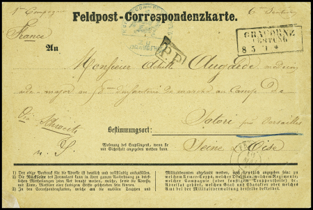  avec CAD rect "Graudenz Festung" (8.5.70) + "PP" encadré et CAD d'entrée "Prusse Lille" pour Satory (Seine et Oise). TB